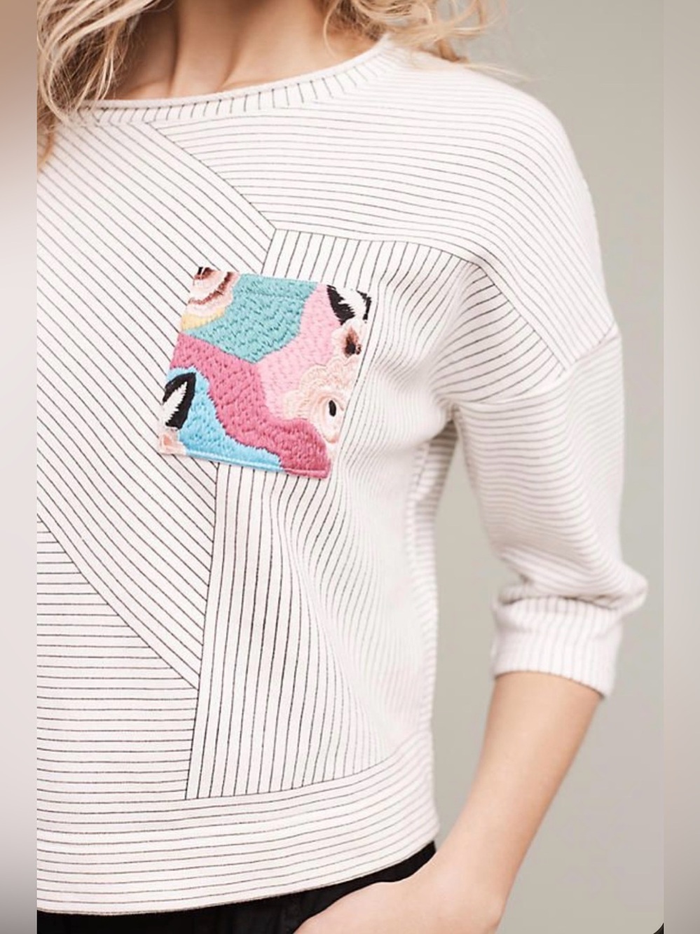 Anthropologie Postmark Embroidered Geometric Quarter Sleeve Top